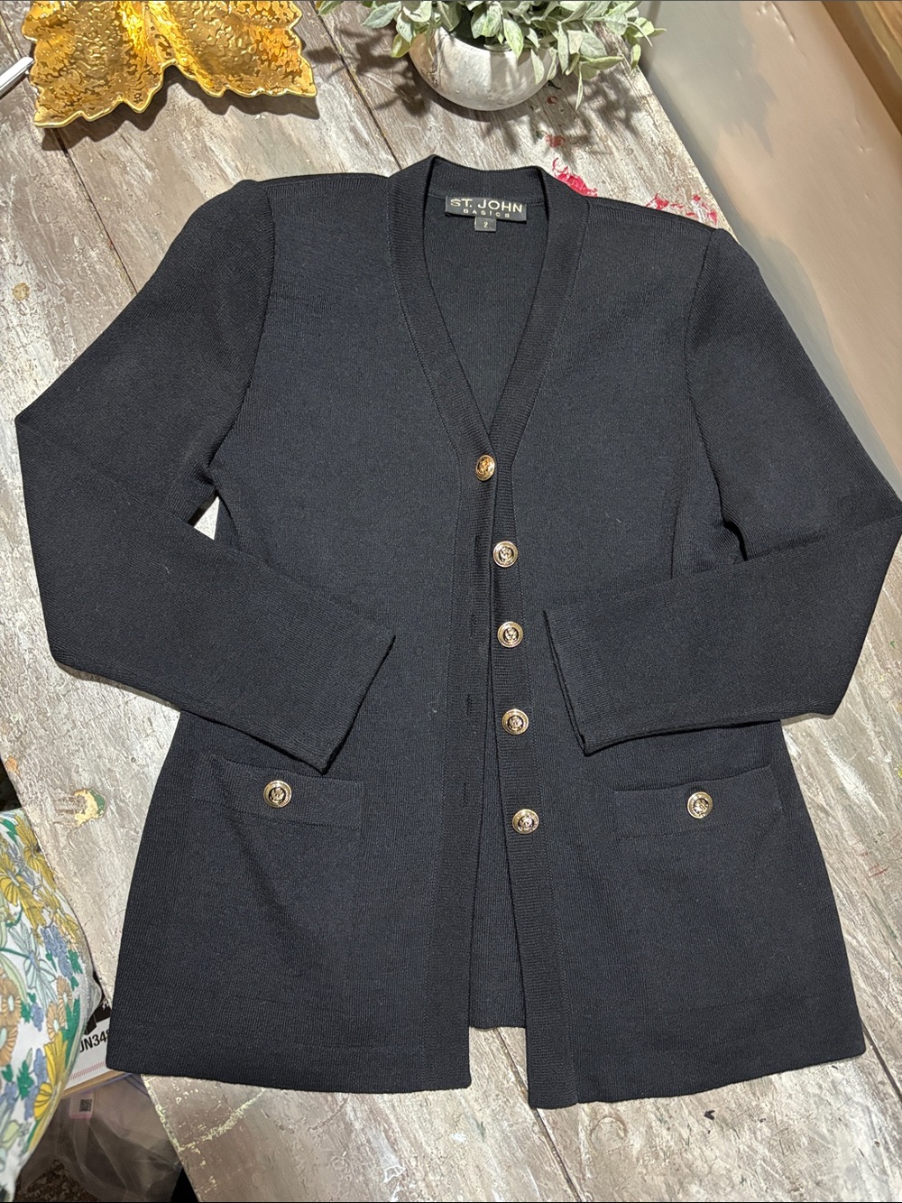 St. John Basics Black Santana Knit V-Neck Cardigan Sweater